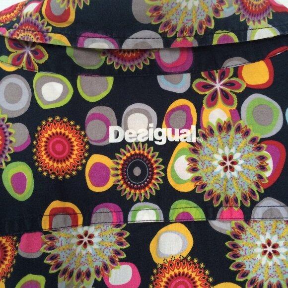 Desigual Mens Button Shirt 2XL Black Multicolor Floral Circle Print Long Sleeve - Picture 5 of 8